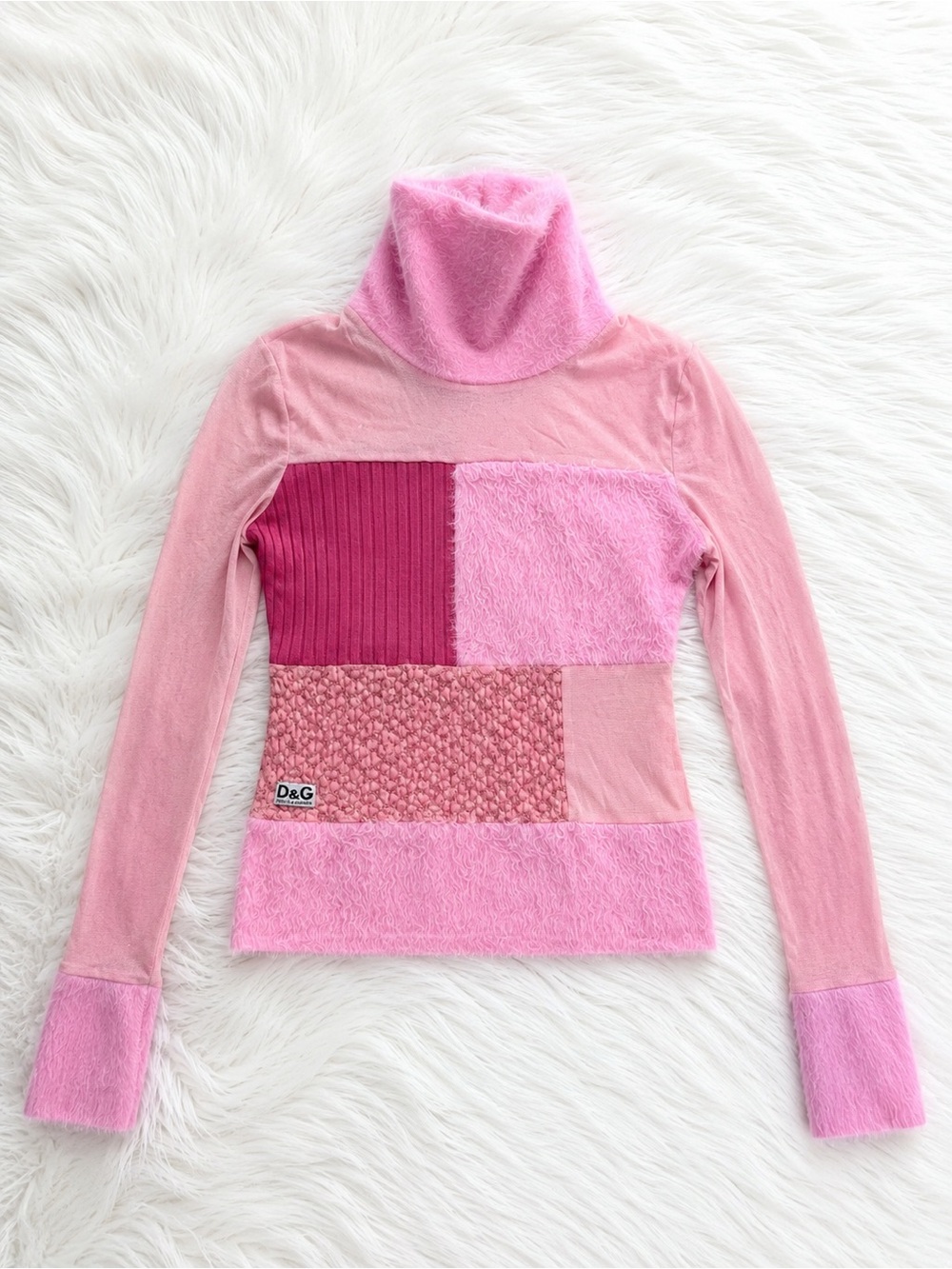 D&G Pink Patchwork Mixed-Texture Turtleneck Sweater